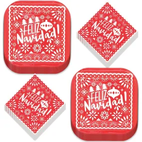 Feliz Navidad Holiday Party Square Paper Dessert Plates, and Napkins (Serves 16)