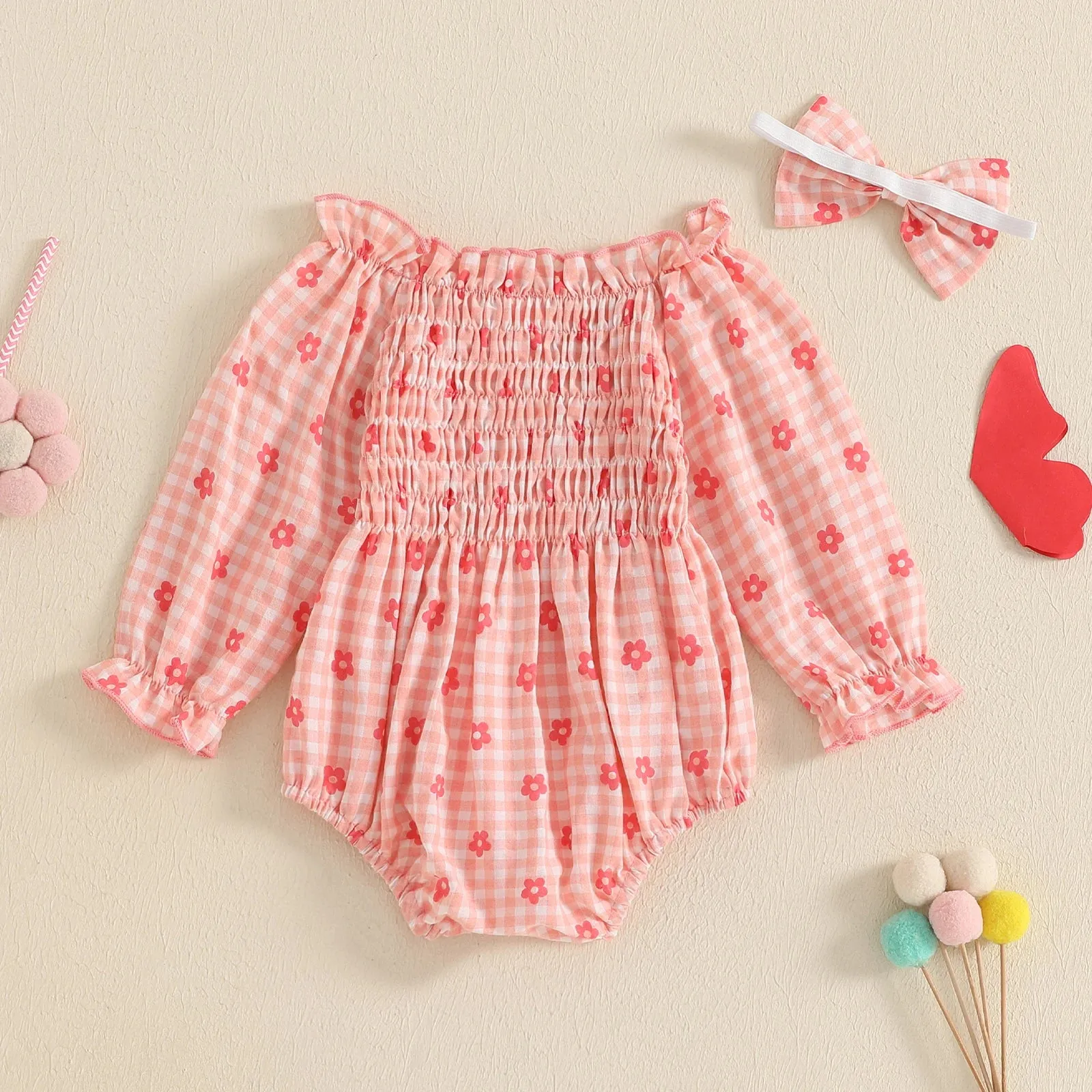 FLOWERS Plaid Smocked Romper