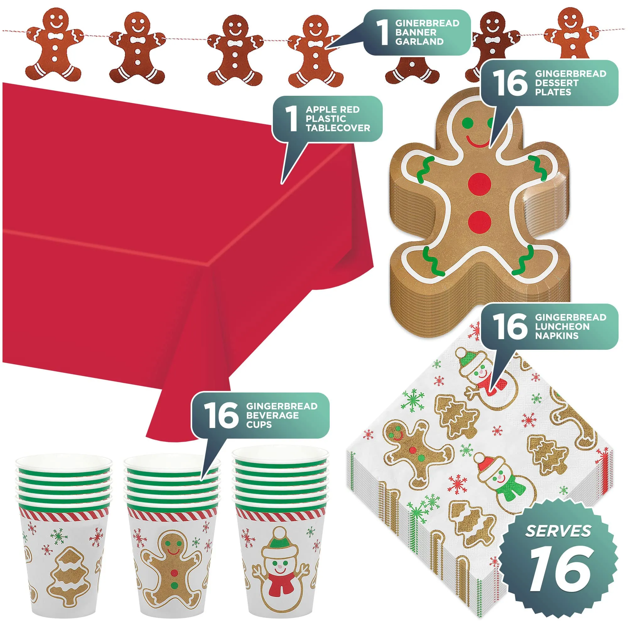 Gingerbread Man Shaped Paper Dessert Plates, Napkins, Cups, Table Cover, and Hanging Garland for Christmas Holiday and Winter Parties (Serves 16)