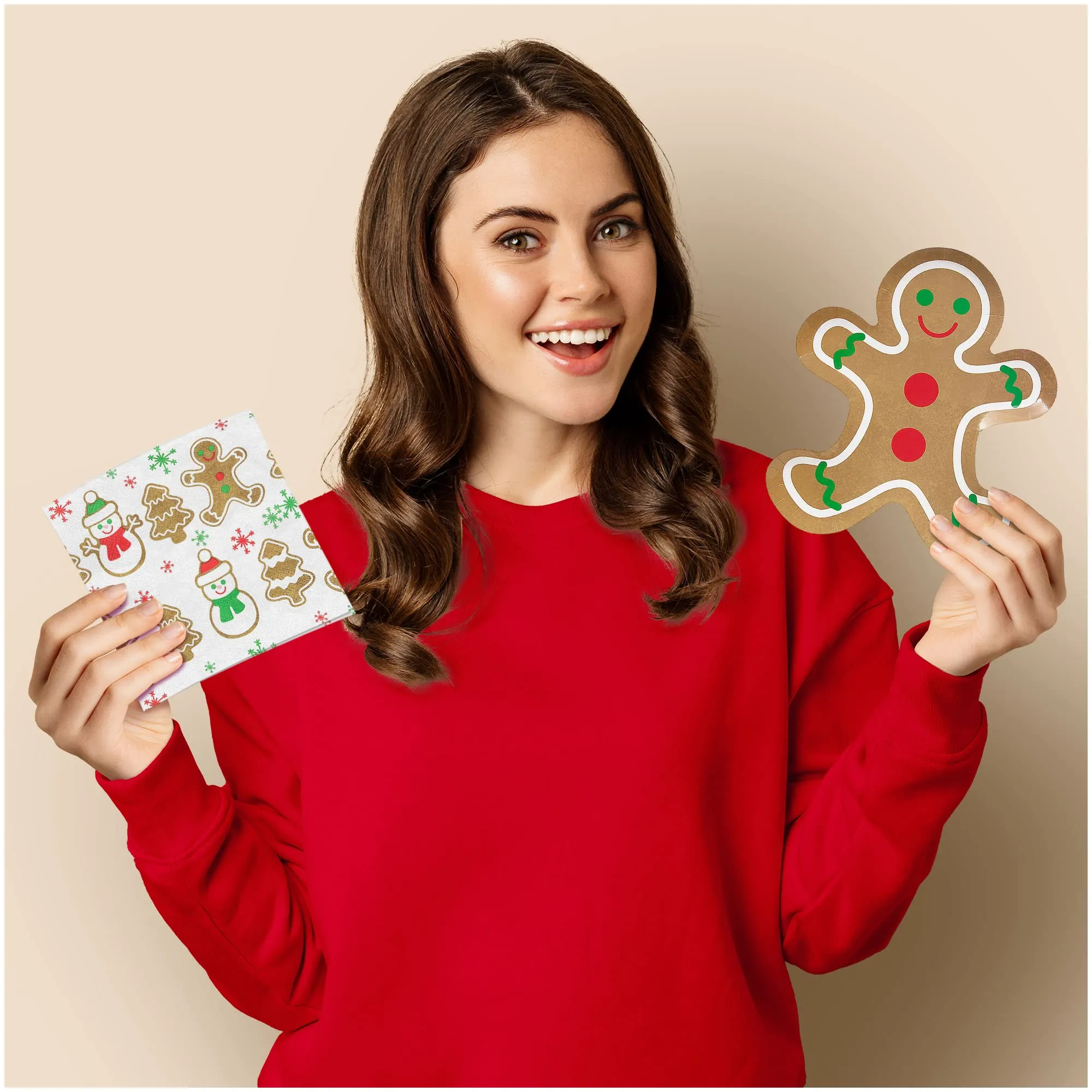 Gingerbread Man Shaped Paper Dessert Plates, Napkins, Cups, Table Cover, and Hanging Garland for Christmas Holiday and Winter Parties (Serves 16)
