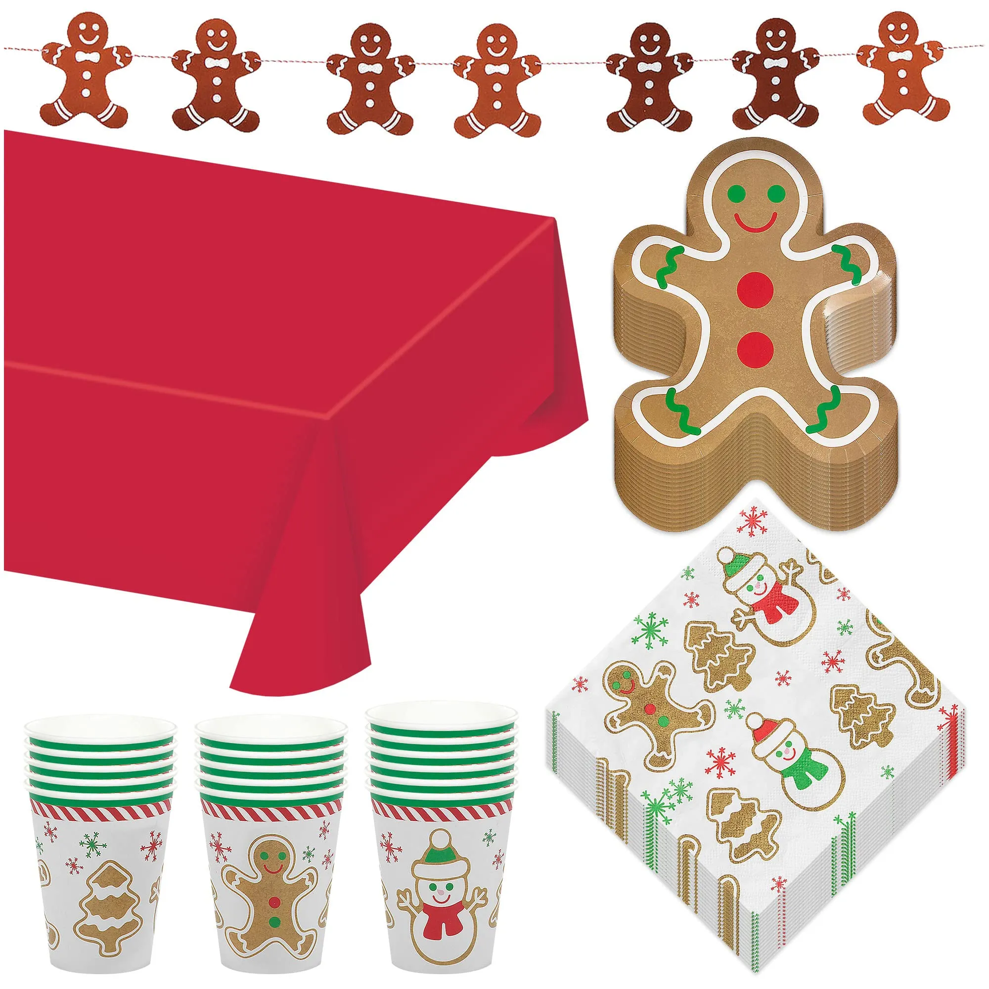 Gingerbread Man Shaped Paper Dessert Plates, Napkins, Cups, Table Cover, and Hanging Garland for Christmas Holiday and Winter Parties (Serves 16)