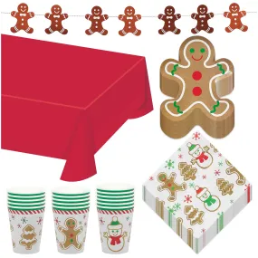 Gingerbread Man Shaped Paper Dessert Plates, Napkins, Cups, Table Cover, and Hanging Garland for Christmas Holiday and Winter Parties (Serves 16)