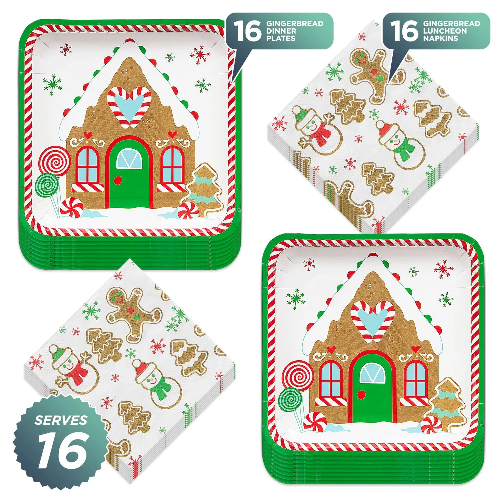 Gingerbread Party Paper Dinner Plates and Napkins for Christmas Holiday and Winter Parties (Serves 16)
