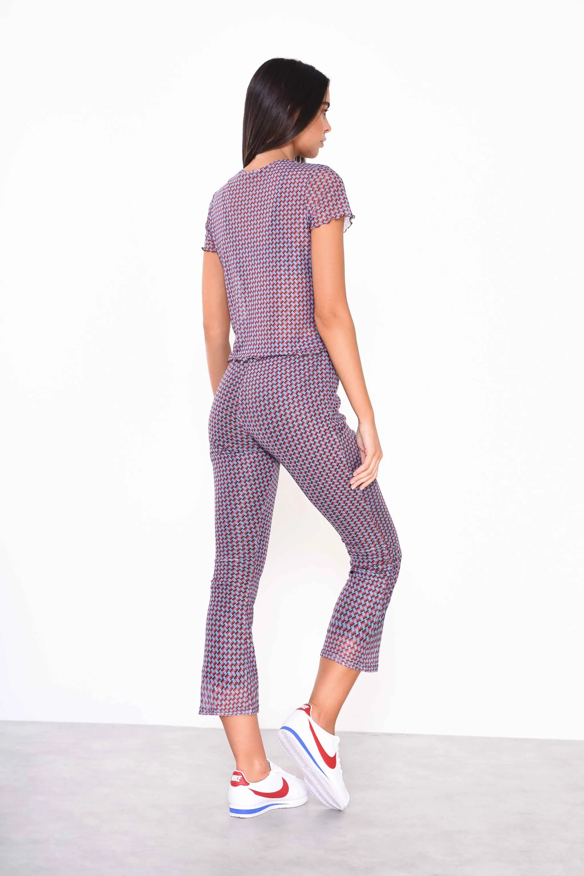 Glamorous Mini Geo Mesh Cropped Flared Trousers
