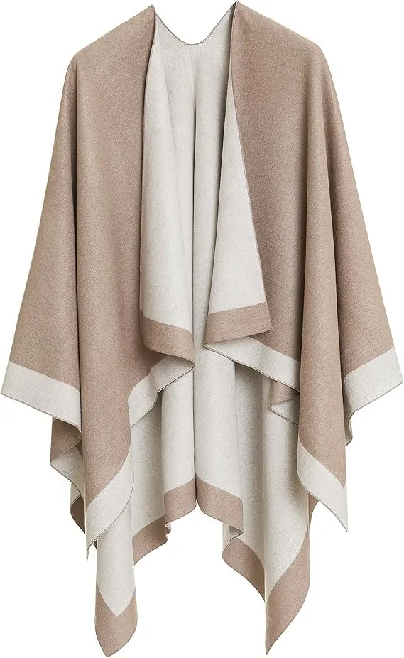 Gray-Caramel Luxurious Knit Sweater Poncho Cardigan