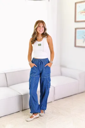 Hallie Mid-Rise Denim Cargo Pants-Indigo