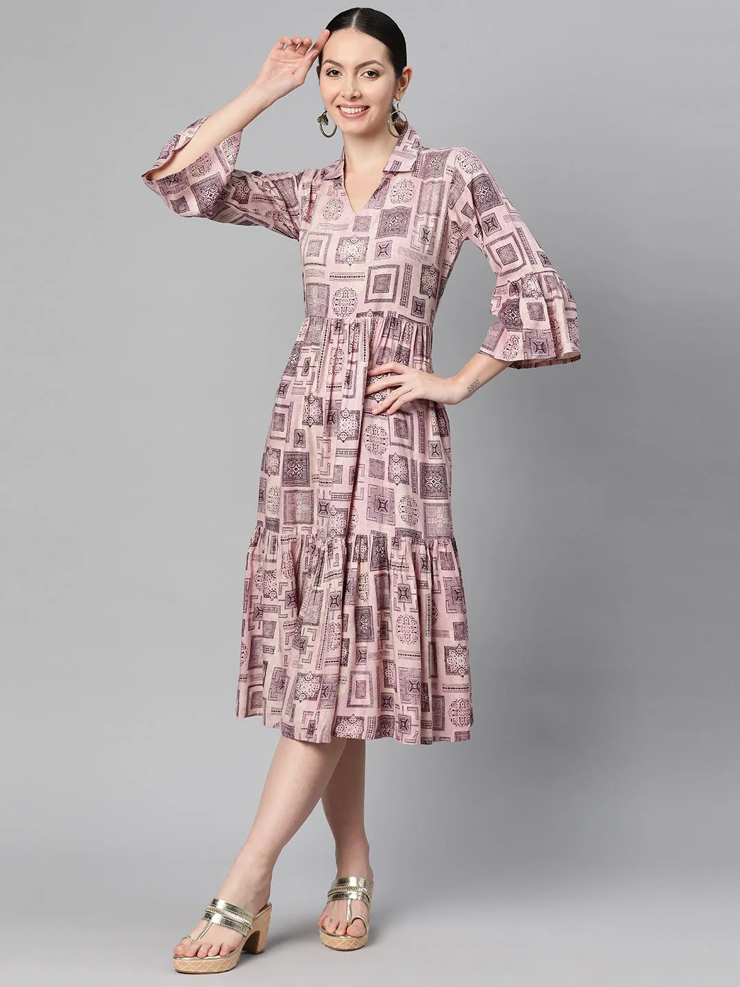 Indibelle Rayon Abstract Print Dress (Purple)