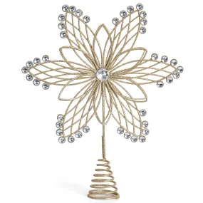 Jewel Flower Tree Topper - Gold Glitter Sparkling Metal Wire Star Flower Topper with Sparkly Gem Finish Christmas Tree Top Ornament Decoration