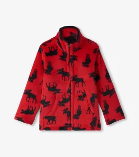 Kids Moose on Red Fleece Zip-Up Jacket