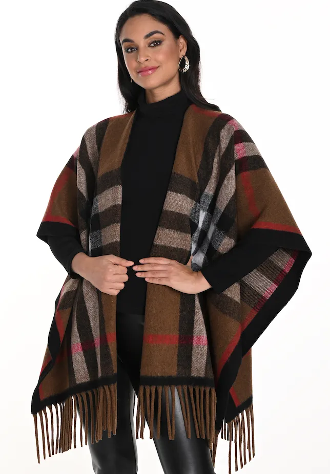 Knit Poncho Brown/Red - Frank Lyman