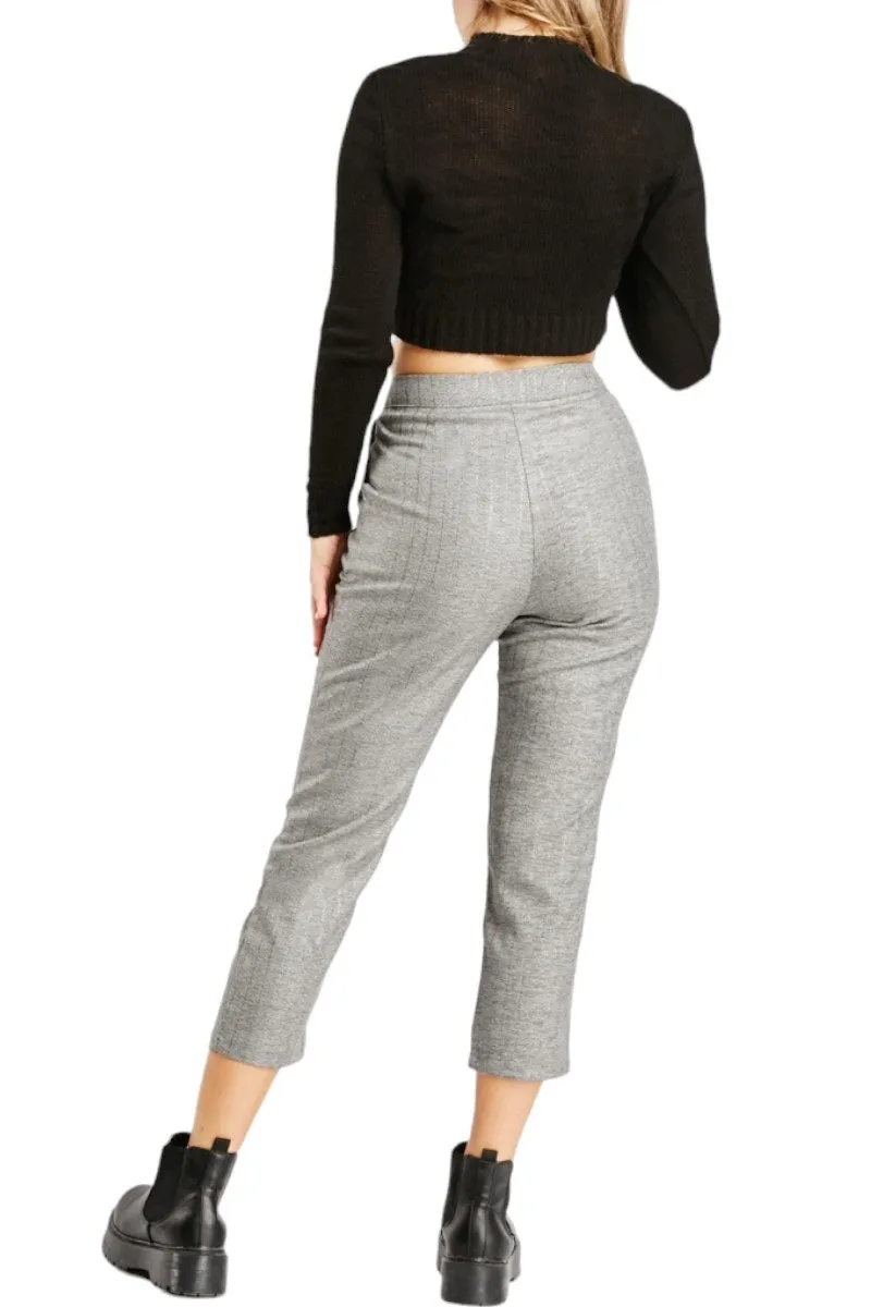 Ladies Grey Metallic Insert Stripes Buckle Belted Cropped Capri Trousers
