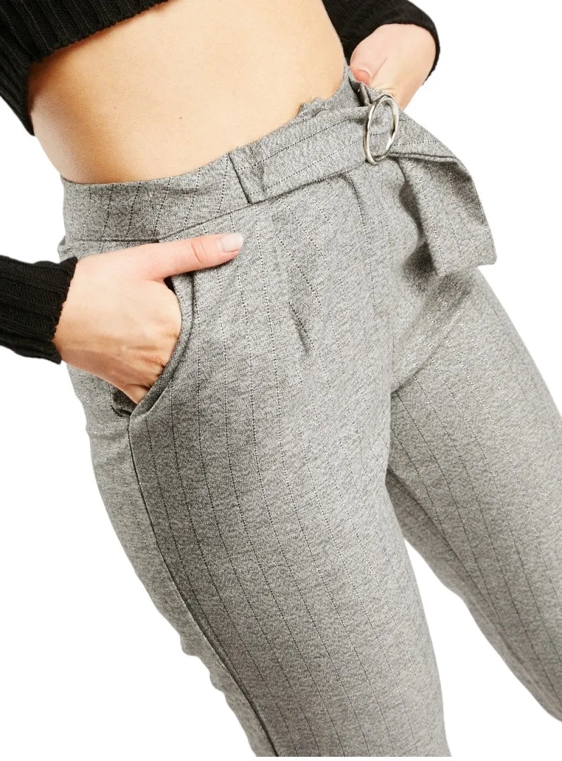 Ladies Grey Metallic Insert Stripes Buckle Belted Cropped Capri Trousers