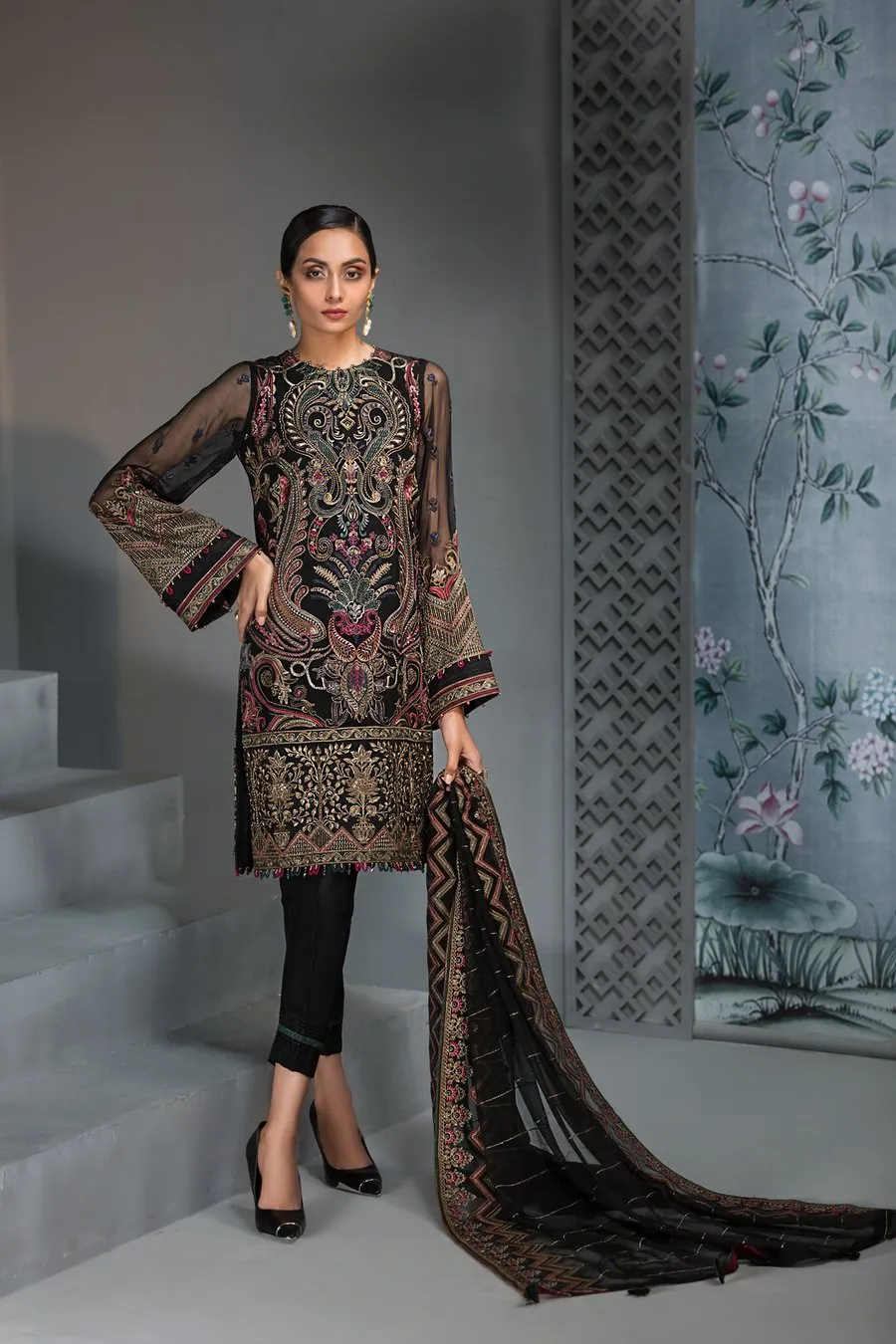 Latest Pakistani Black Chiffon Party Dress #J4348
