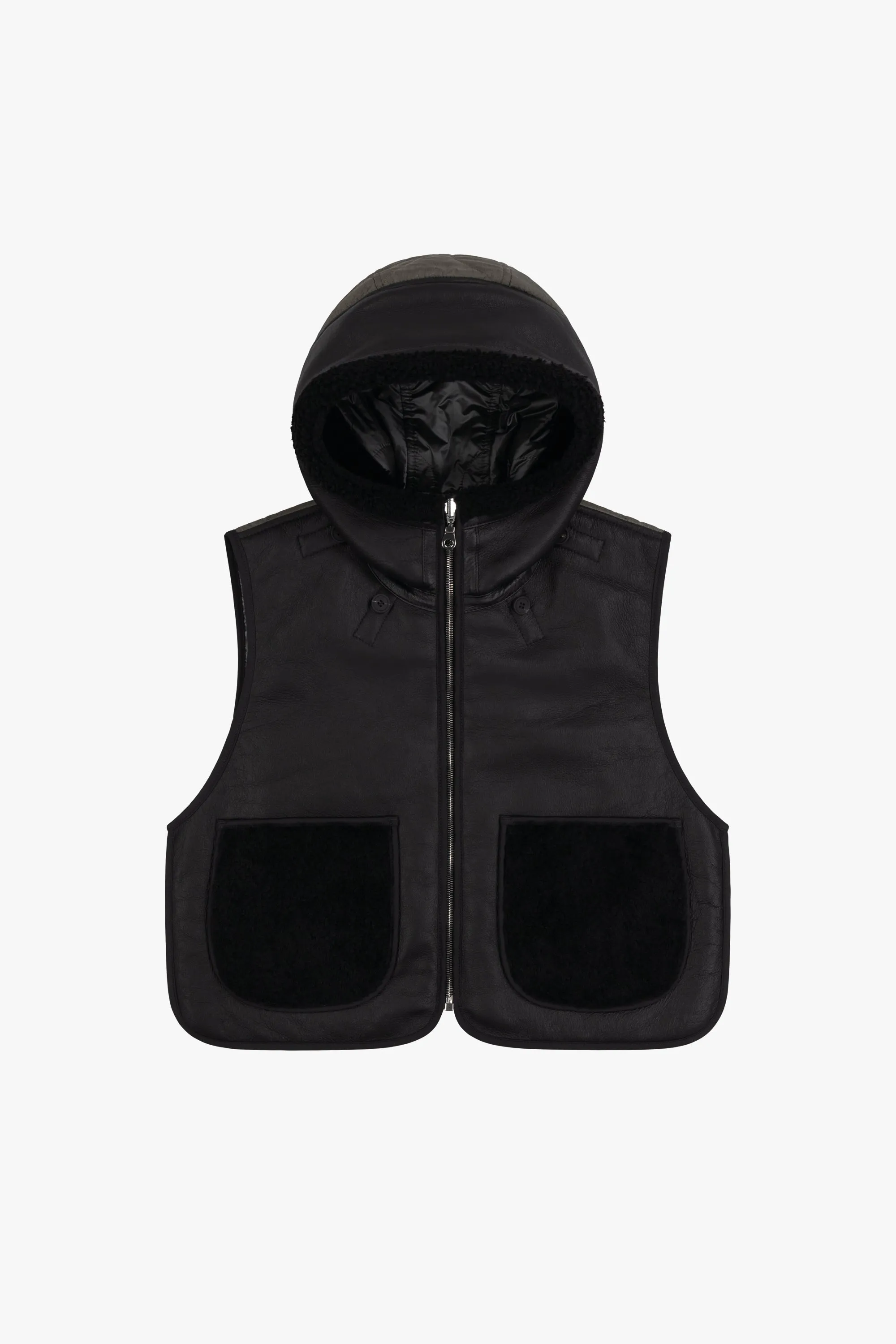 Leather & Shearling Zip Hood - Black & Dark Olive / Black & Anthracite