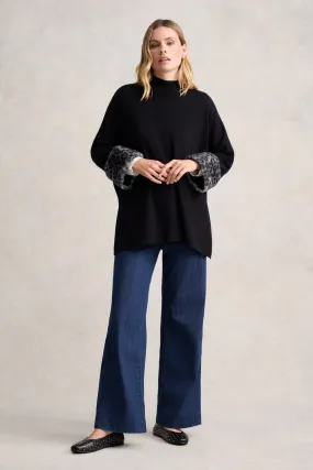 Leopard Faux Fur Trim Poncho - Black Leopard