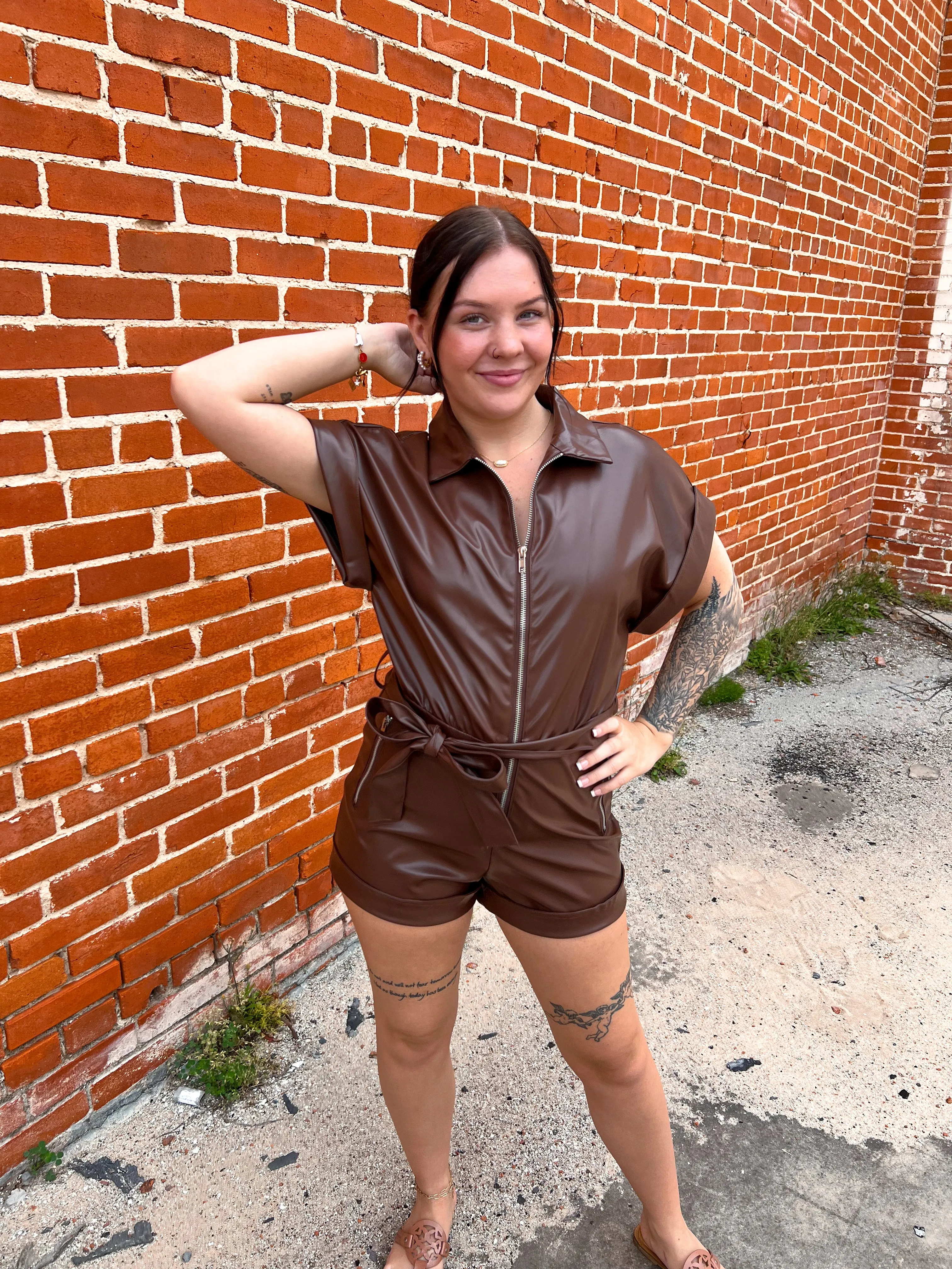 Lexa Faux Leather Romper With Tie