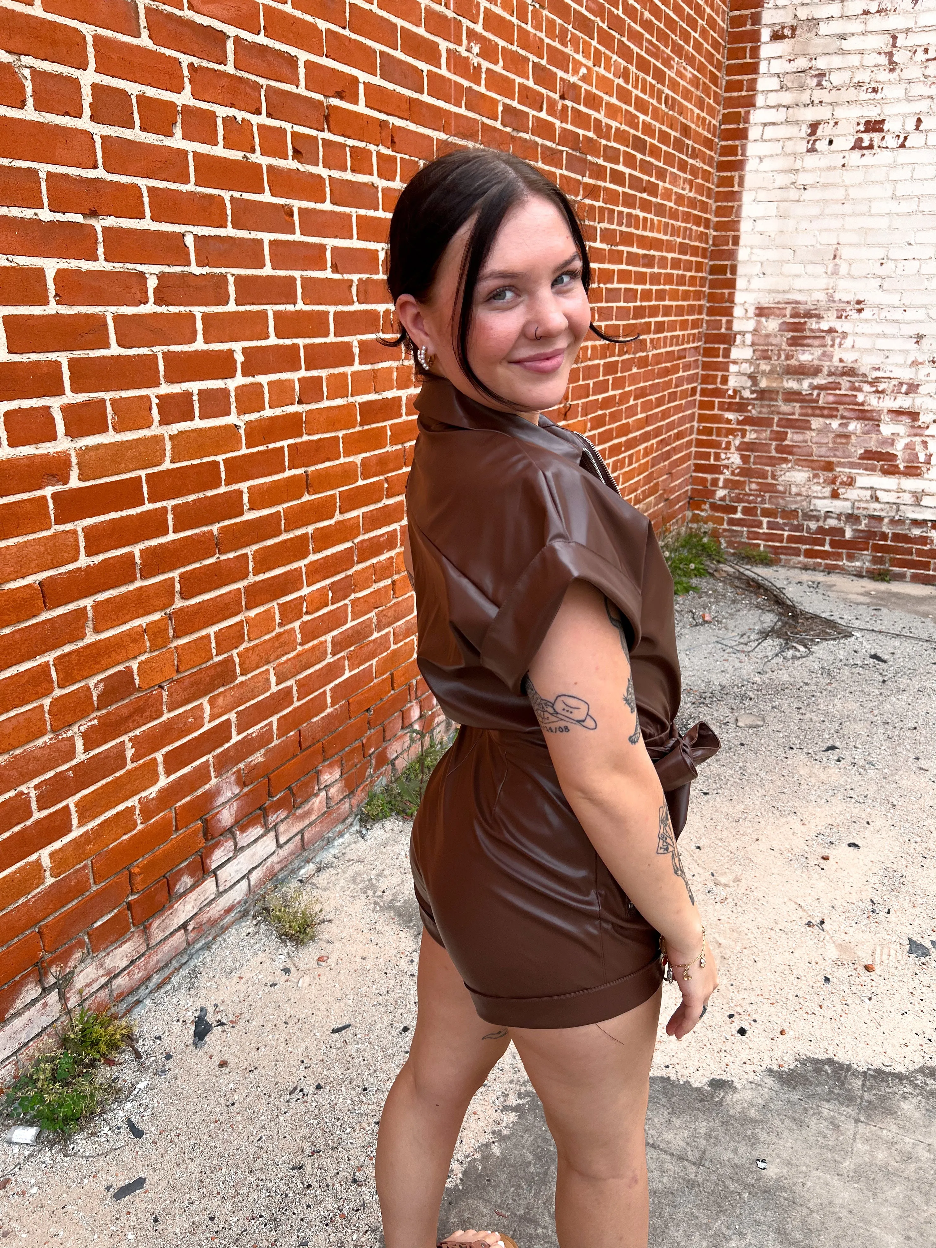 Lexa Faux Leather Romper With Tie