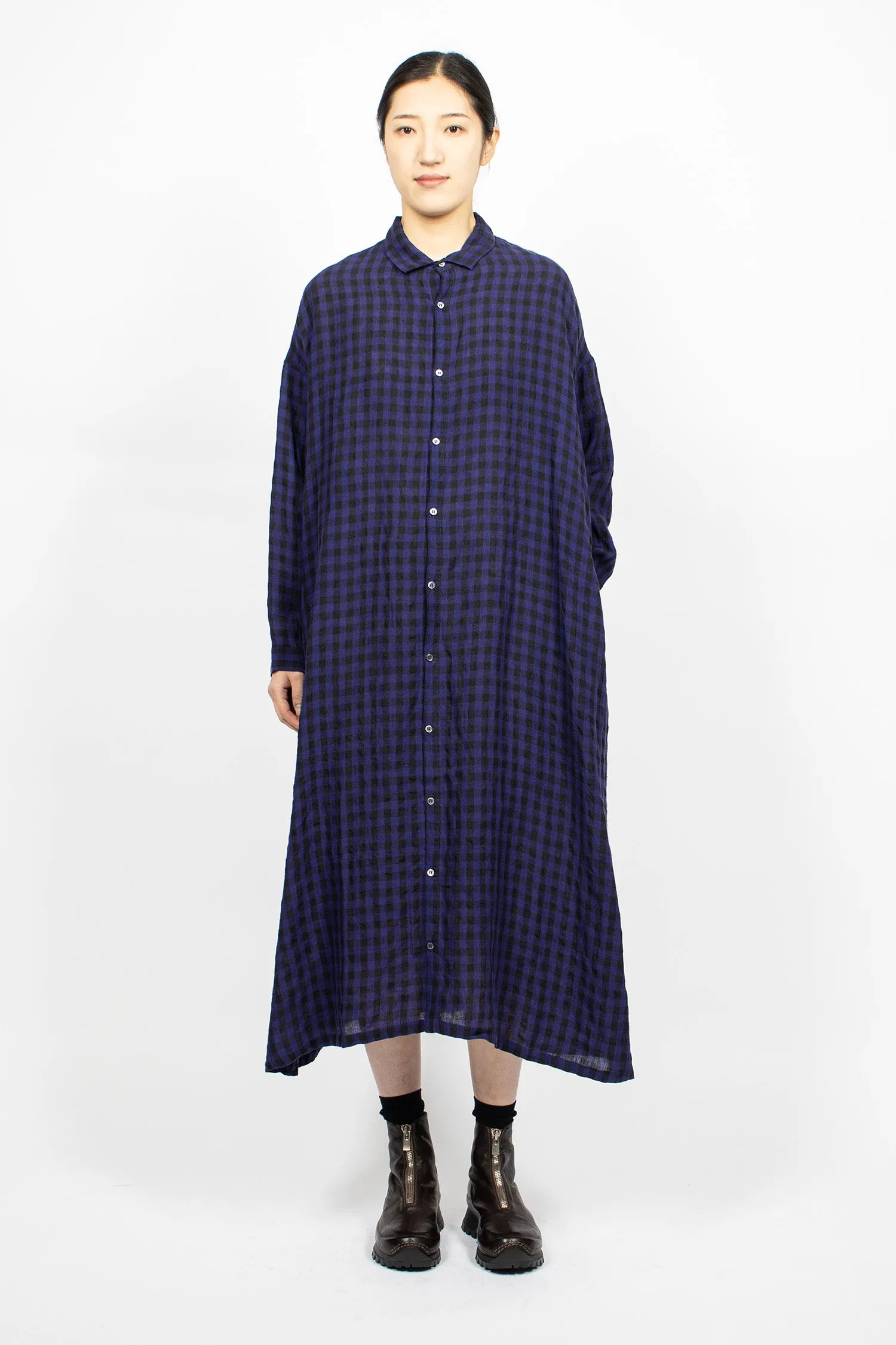 Linen Gingham Check Dress Navy