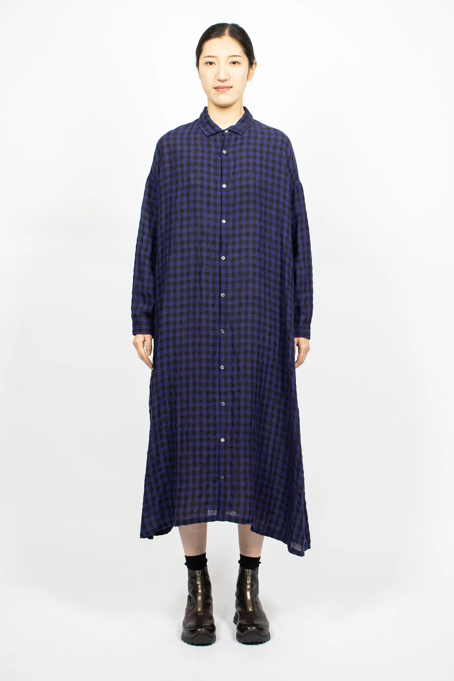 Linen Gingham Check Dress Navy