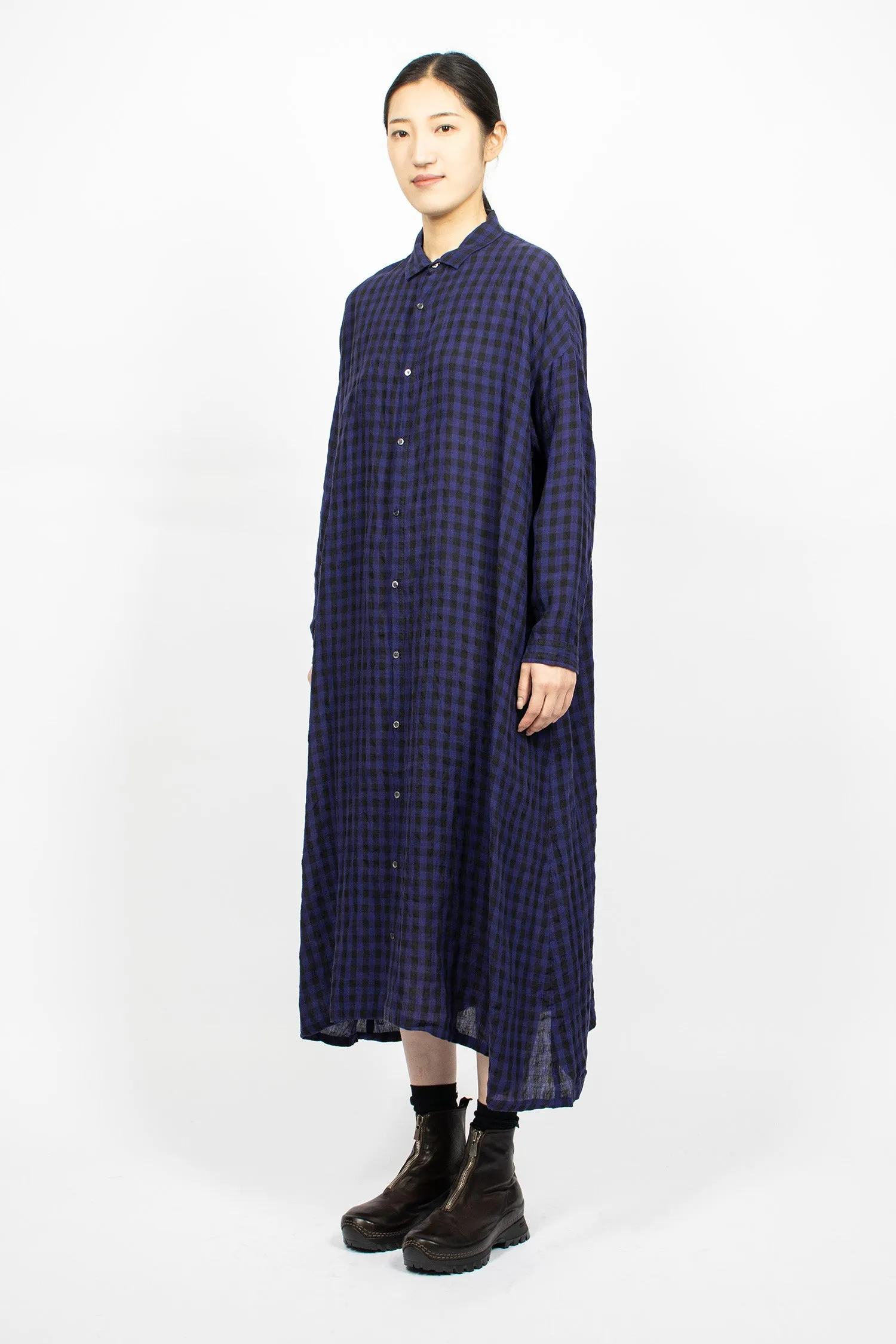 Linen Gingham Check Dress Navy