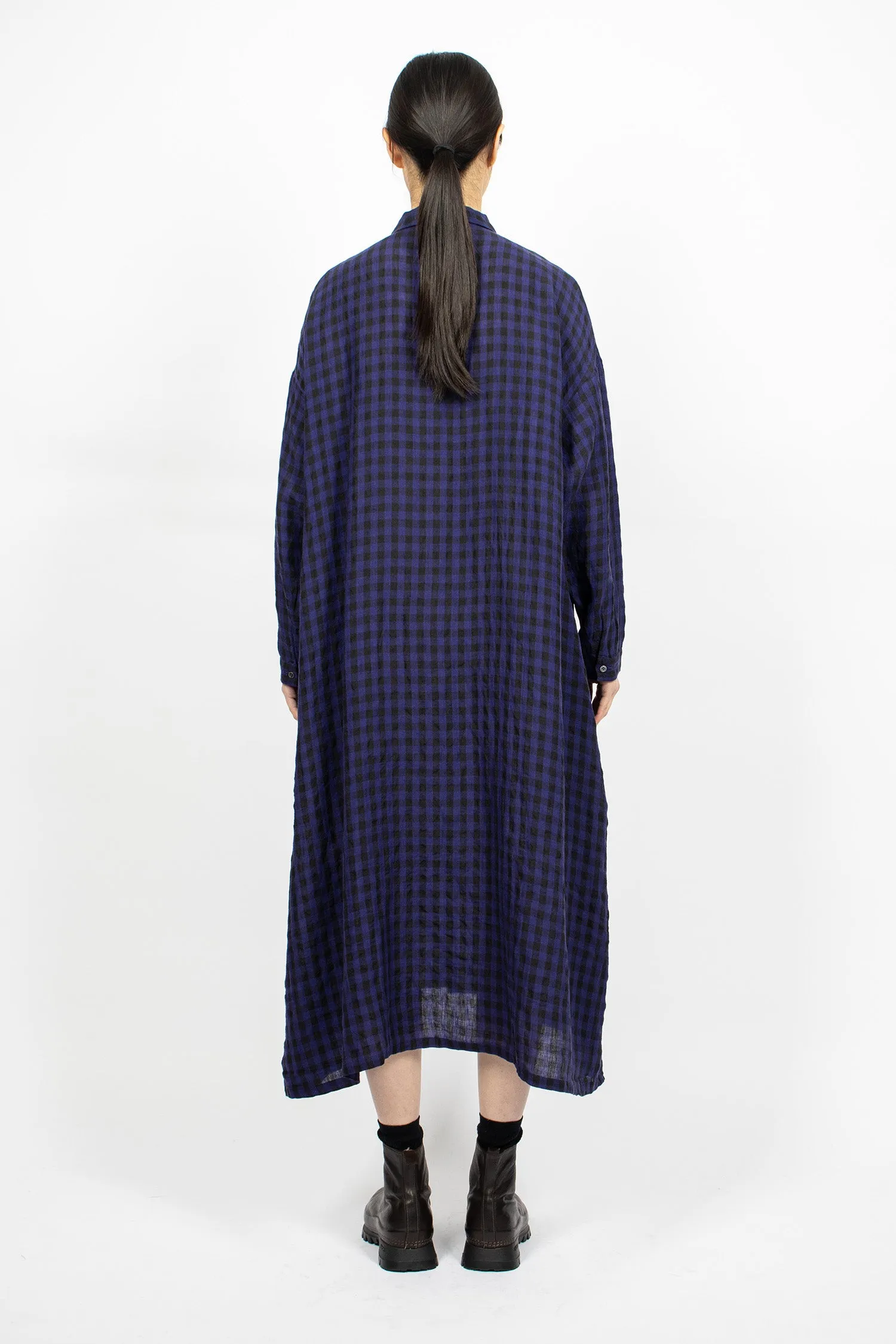Linen Gingham Check Dress Navy