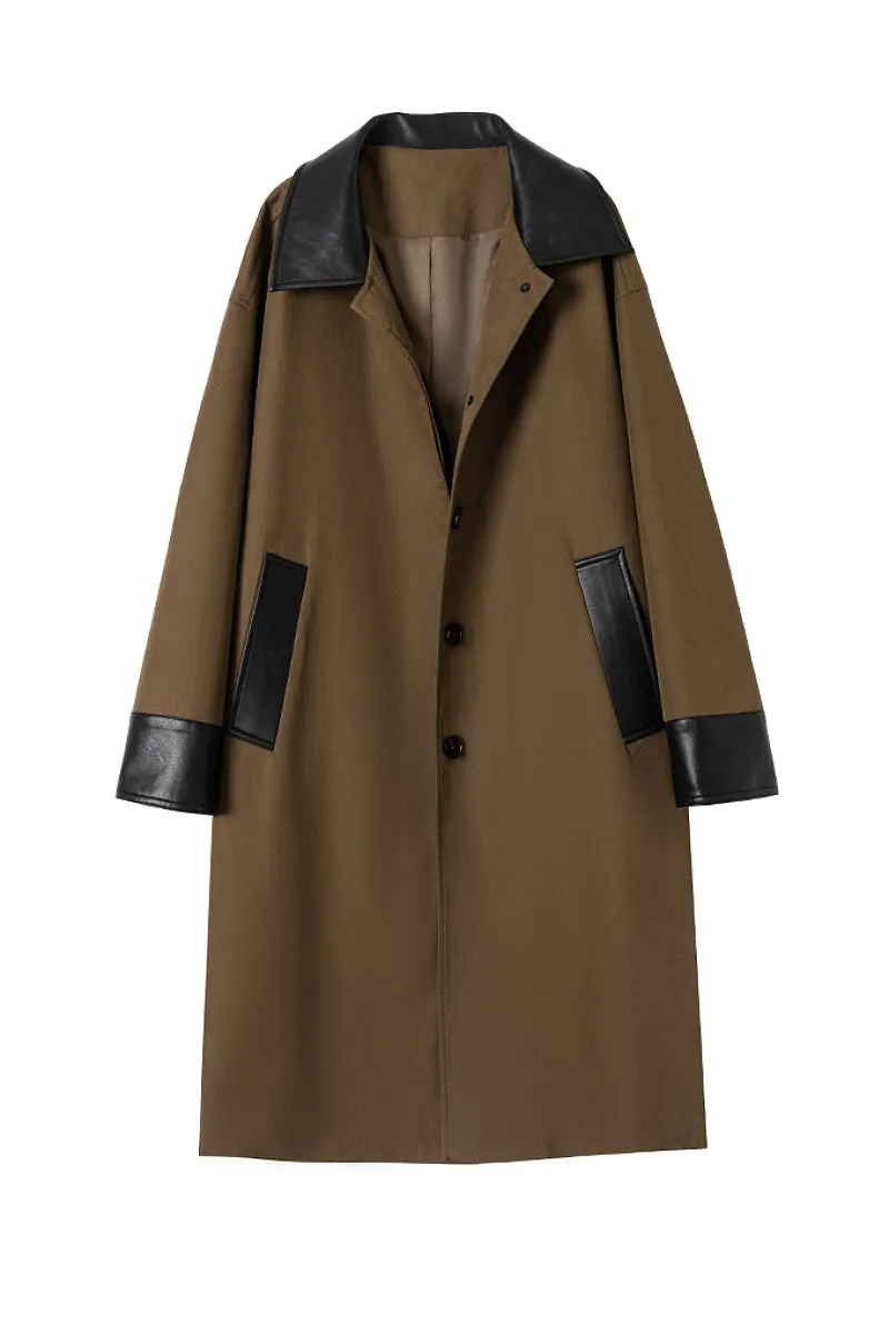Long Cotton Blend Twill Barn Jacket with Leather Collar