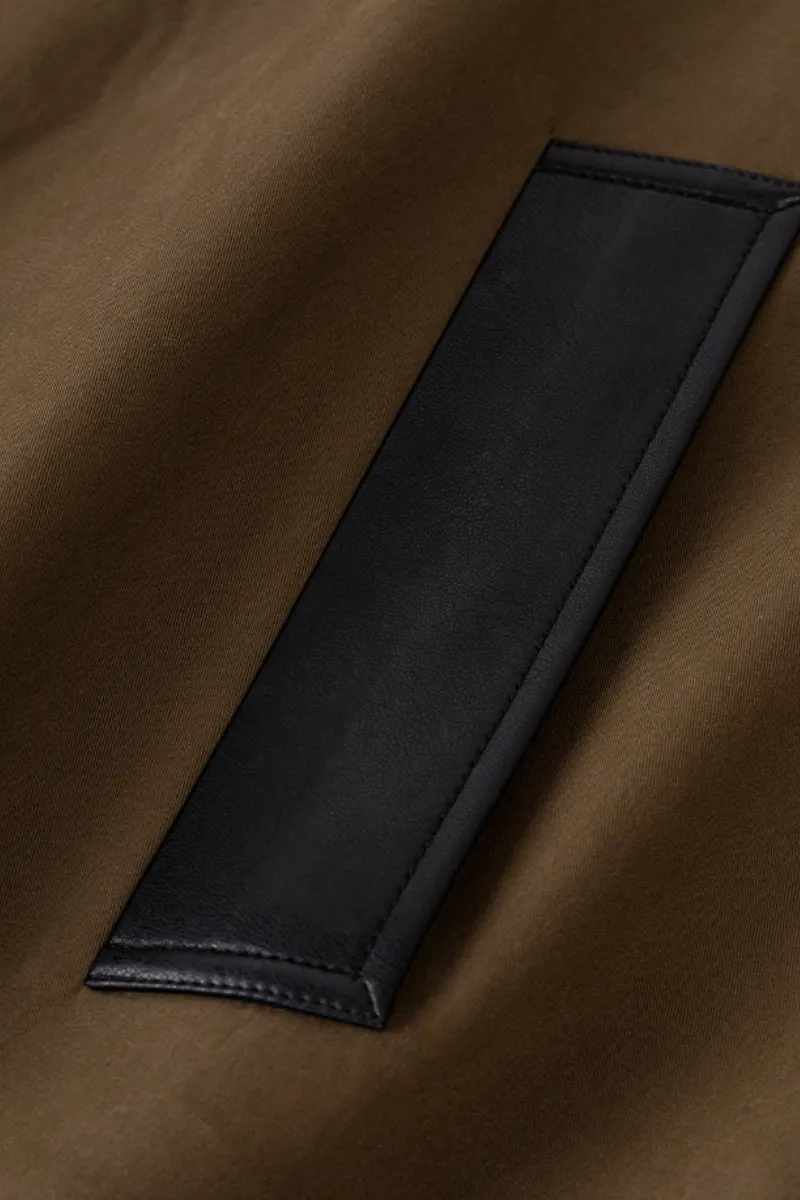 Long Cotton Blend Twill Barn Jacket with Leather Collar