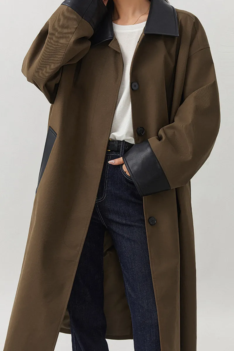 Long Cotton Blend Twill Barn Jacket with Leather Collar
