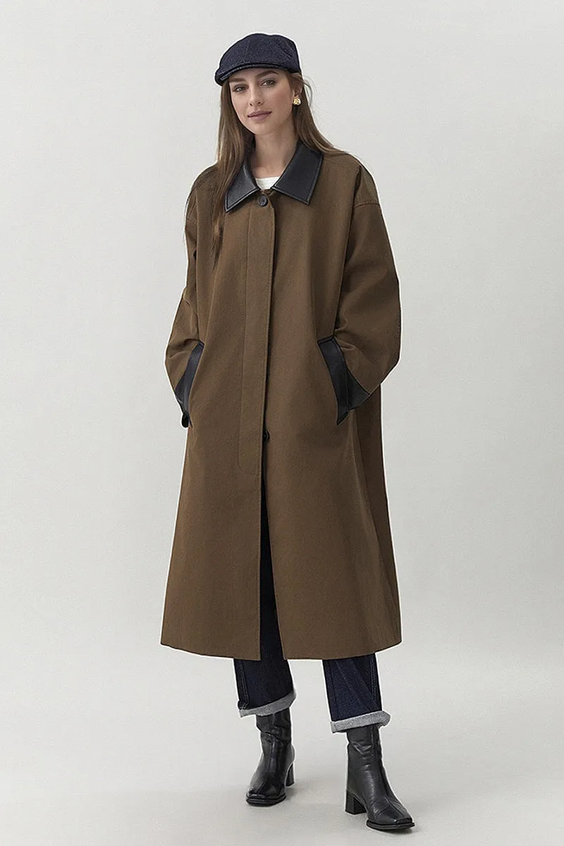 Long Cotton Blend Twill Barn Jacket with Leather Collar
