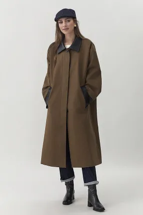 Long Cotton Blend Twill Barn Jacket with Leather Collar