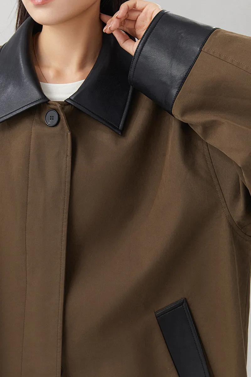 Long Cotton Blend Twill Barn Jacket with Leather Collar