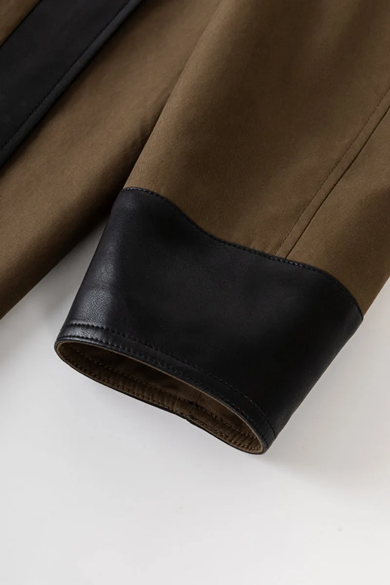 Long Cotton Blend Twill Barn Jacket with Leather Collar