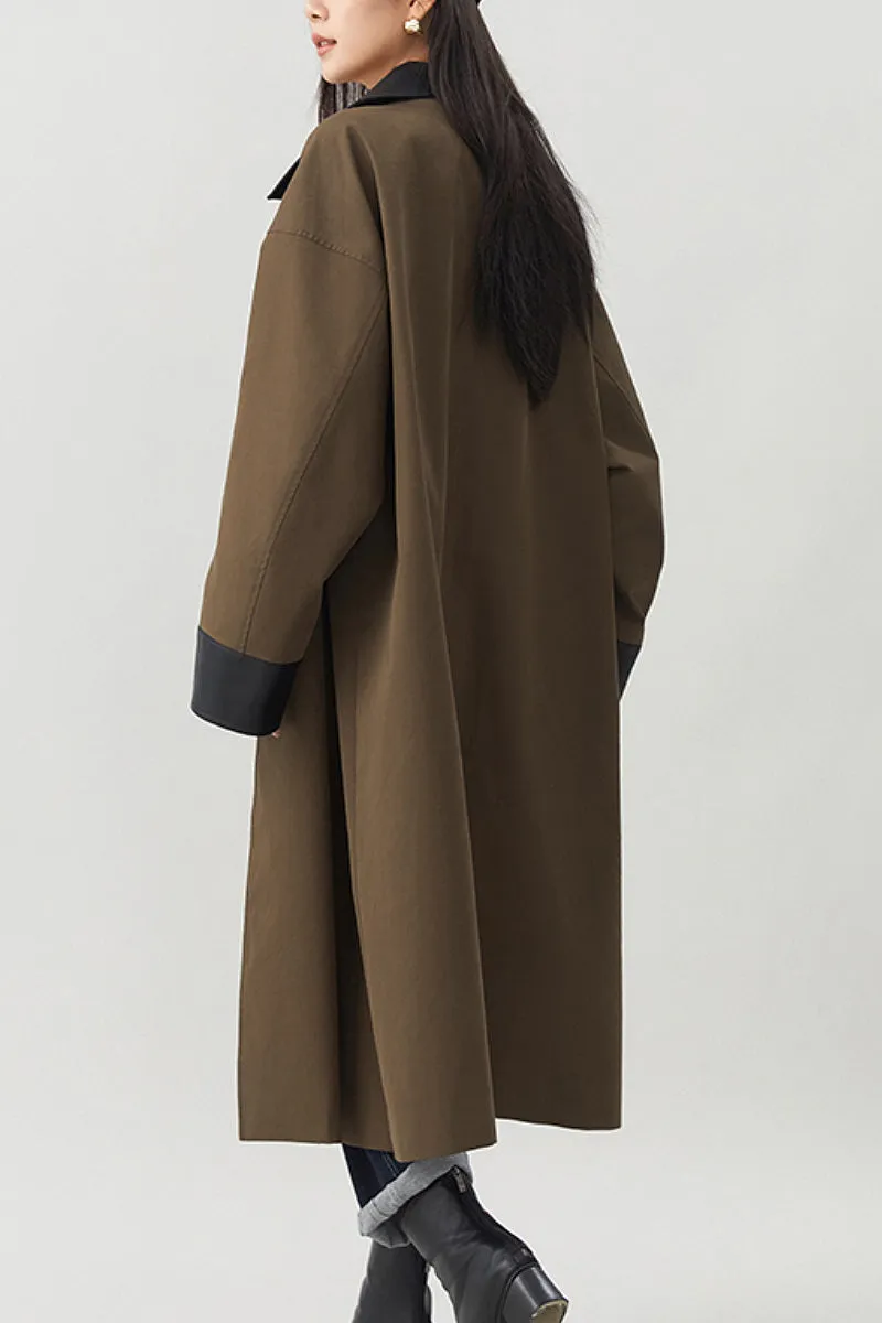 Long Cotton Blend Twill Barn Jacket with Leather Collar