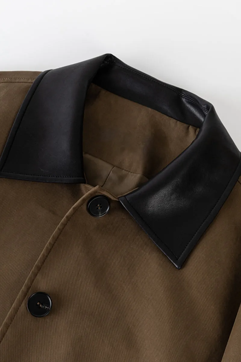 Long Cotton Blend Twill Barn Jacket with Leather Collar
