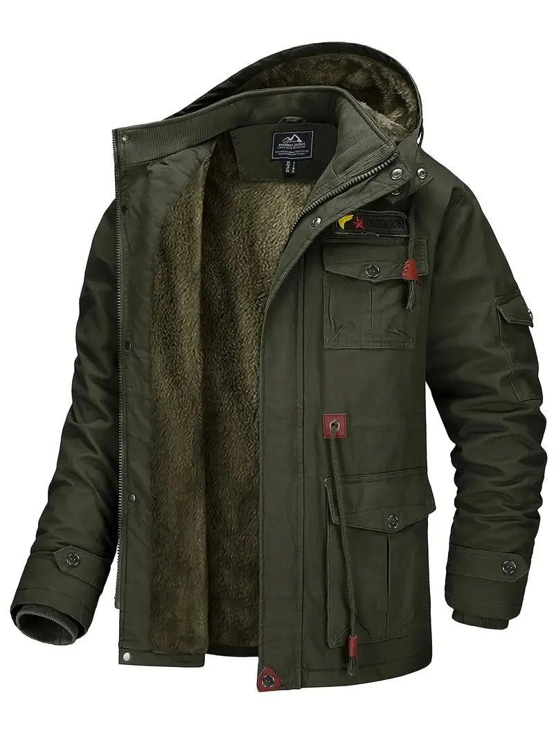 Men's Winter Cargo Jacket - Fleece-Lined, Water-Resistant, Windproof