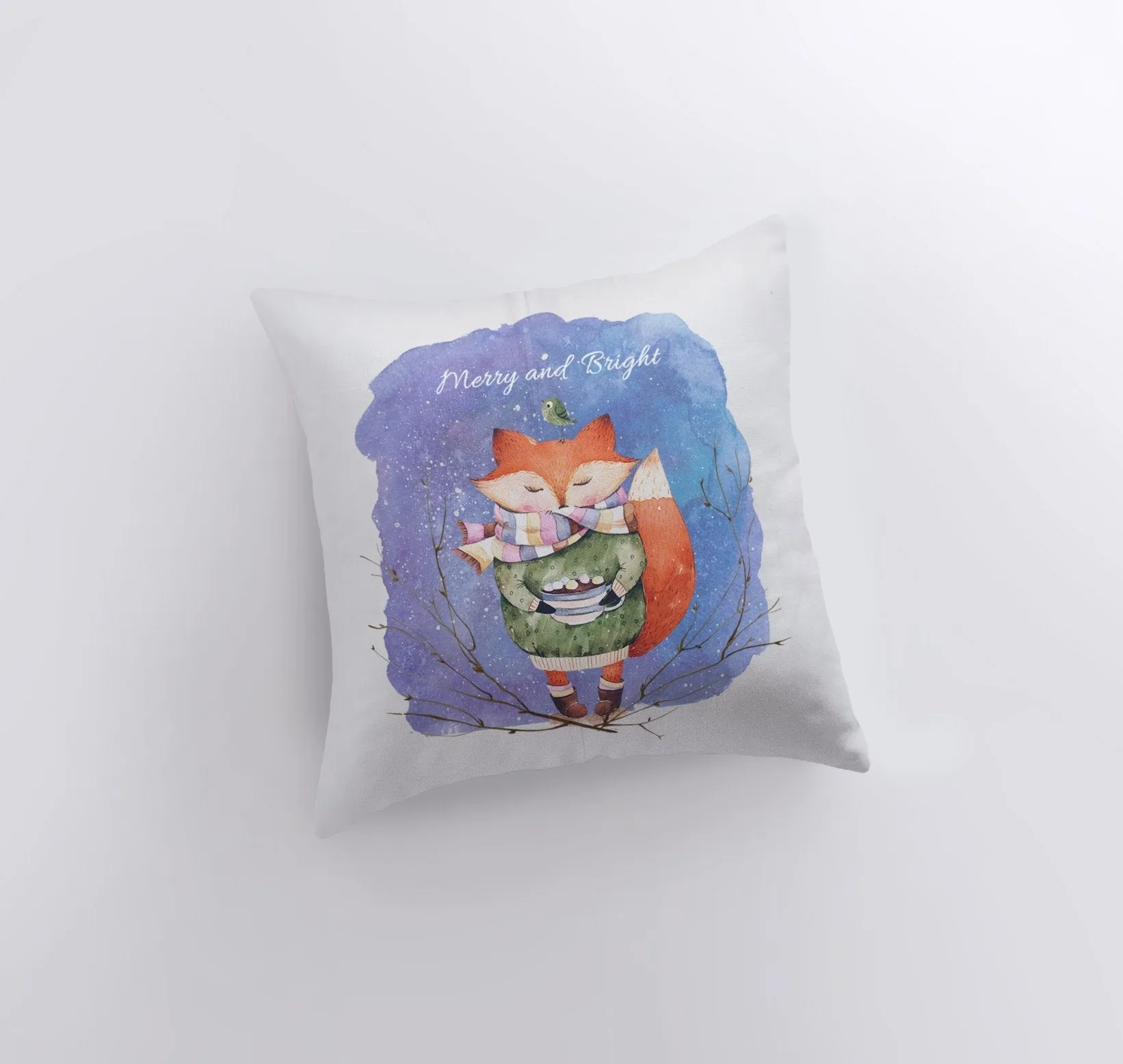 Merry and Bright | Blue Pillow Cover | Red Fox | Christmas Gift |