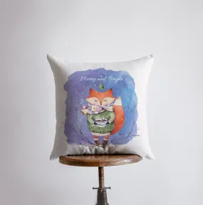 Merry and Bright | Blue Pillow Cover | Red Fox | Christmas Gift |