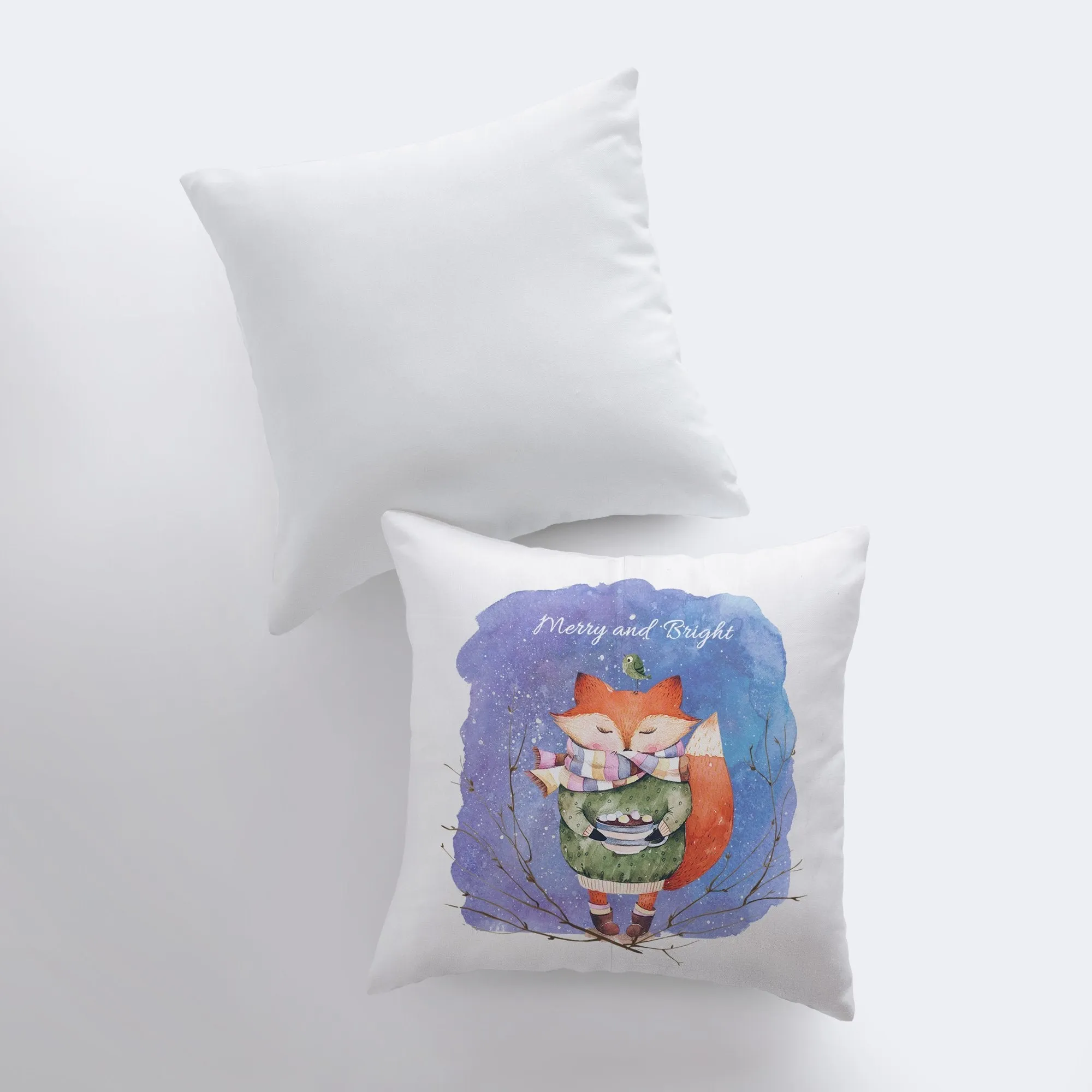 Merry and Bright | Blue Pillow Cover | Red Fox | Christmas Gift |