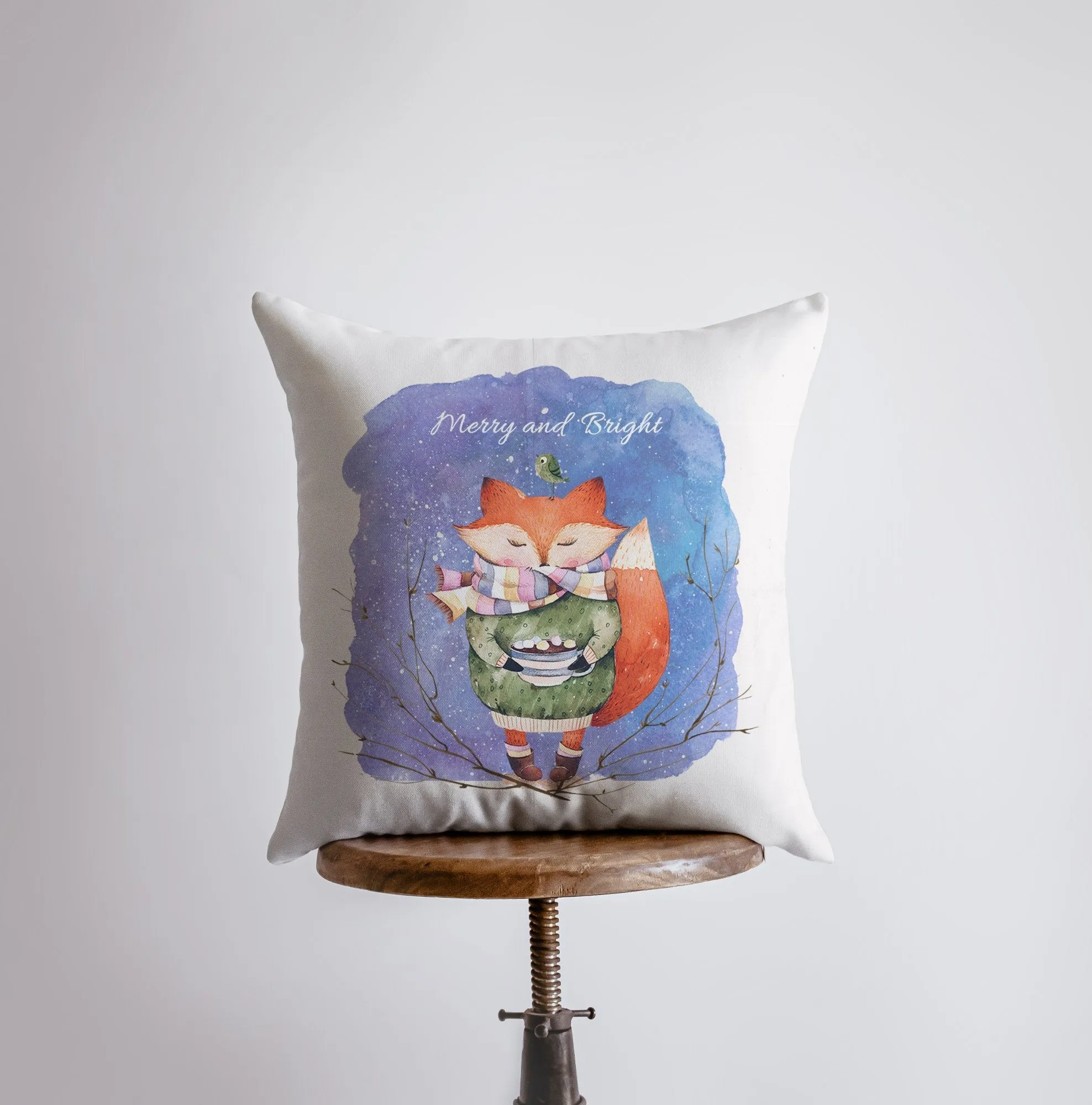 Merry and Bright | Blue Pillow Cover | Red Fox | Christmas Gift |