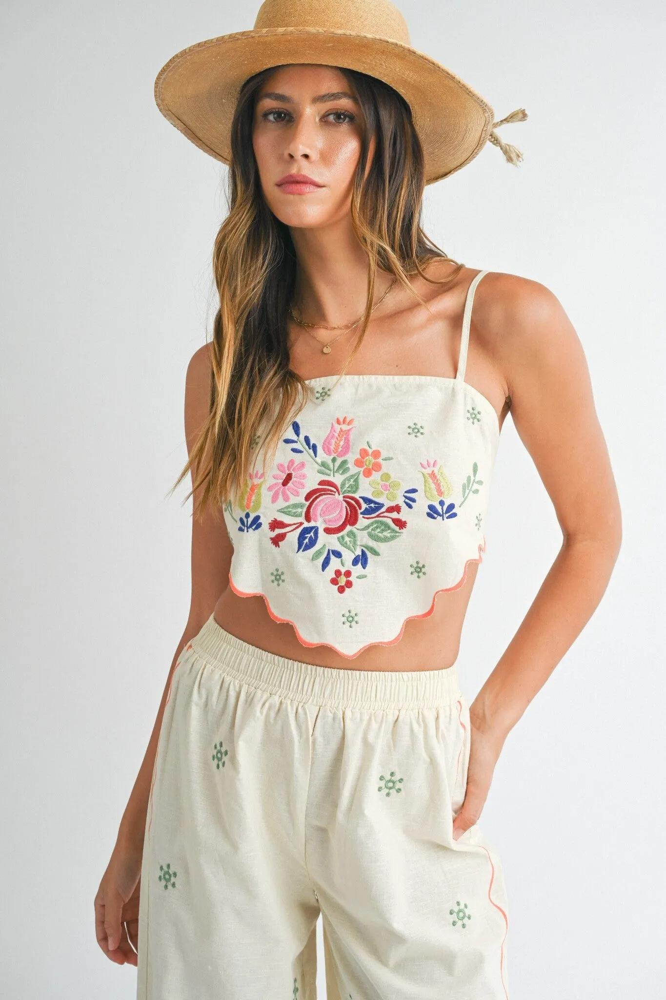Natural Embroidered Scarf Pants Set