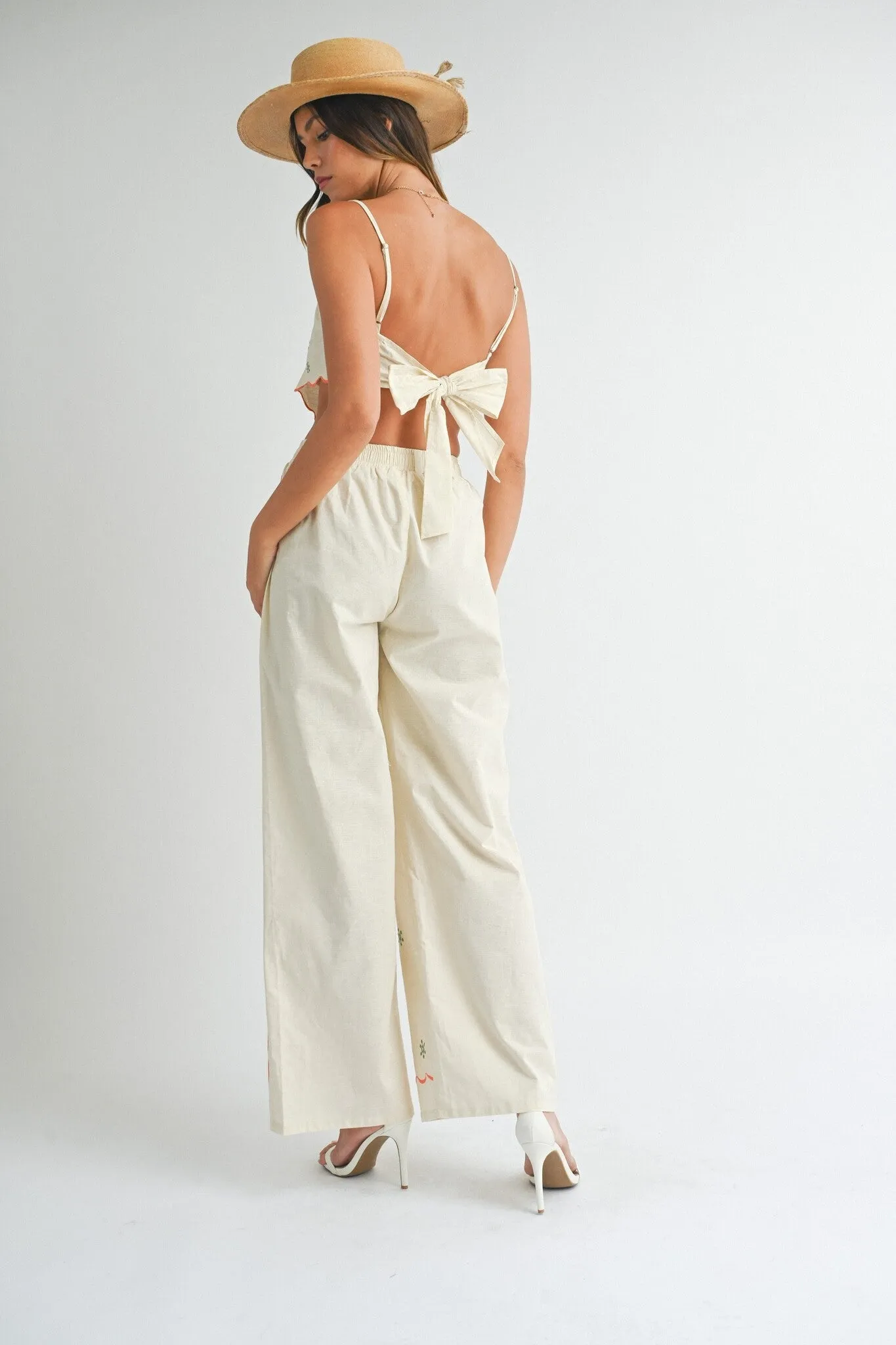 Natural Embroidered Scarf Pants Set