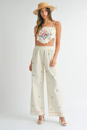 Natural Embroidered Scarf Pants Set