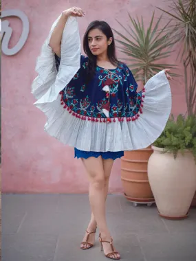 Navy Blue Fancy Embroidered Winter Circular Poncho