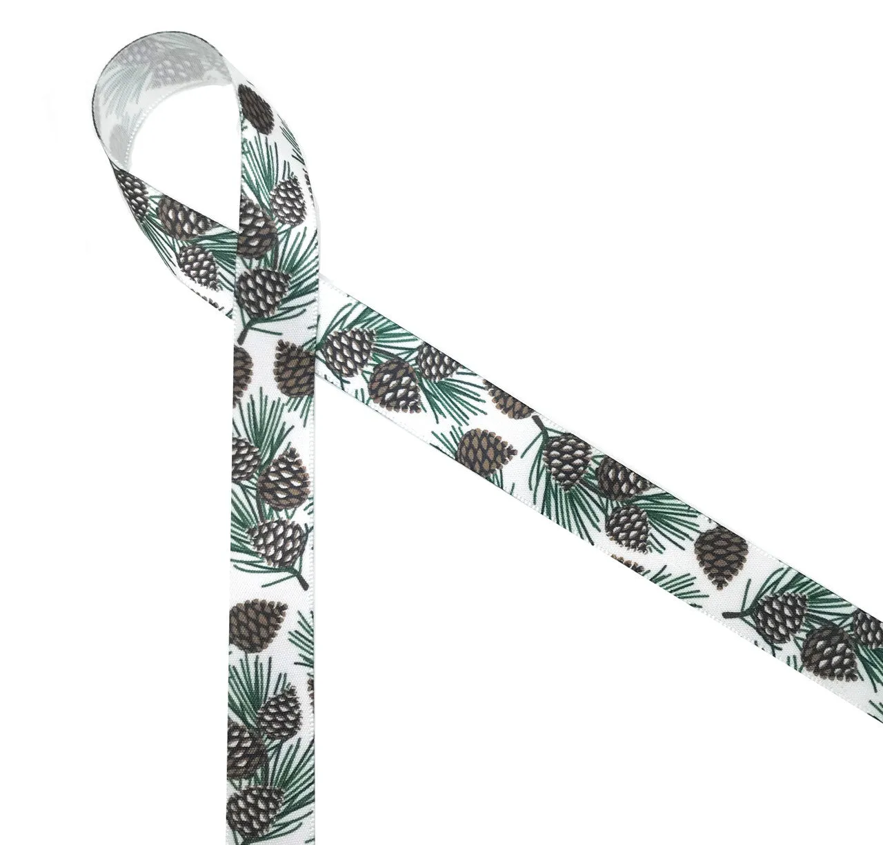 Pine cones ribbon with branches and needles on a white background printed on 5/8" white single face satin