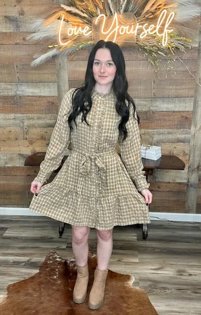 PLAID BELTED RUFFLE SHIRT DRESS