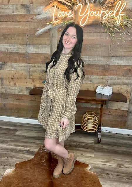 PLAID BELTED RUFFLE SHIRT DRESS
