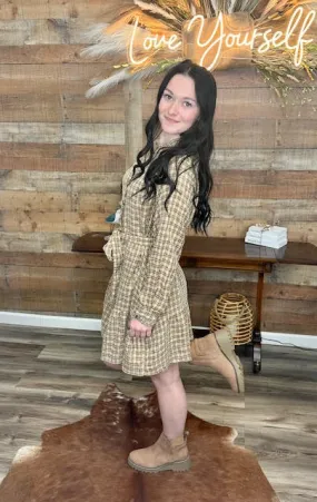 PLAID BELTED RUFFLE SHIRT DRESS