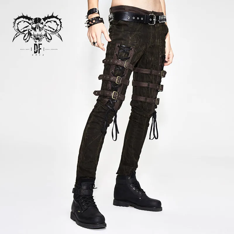 PT091 Steampunk multi-loops embroider lace up legs men trousers