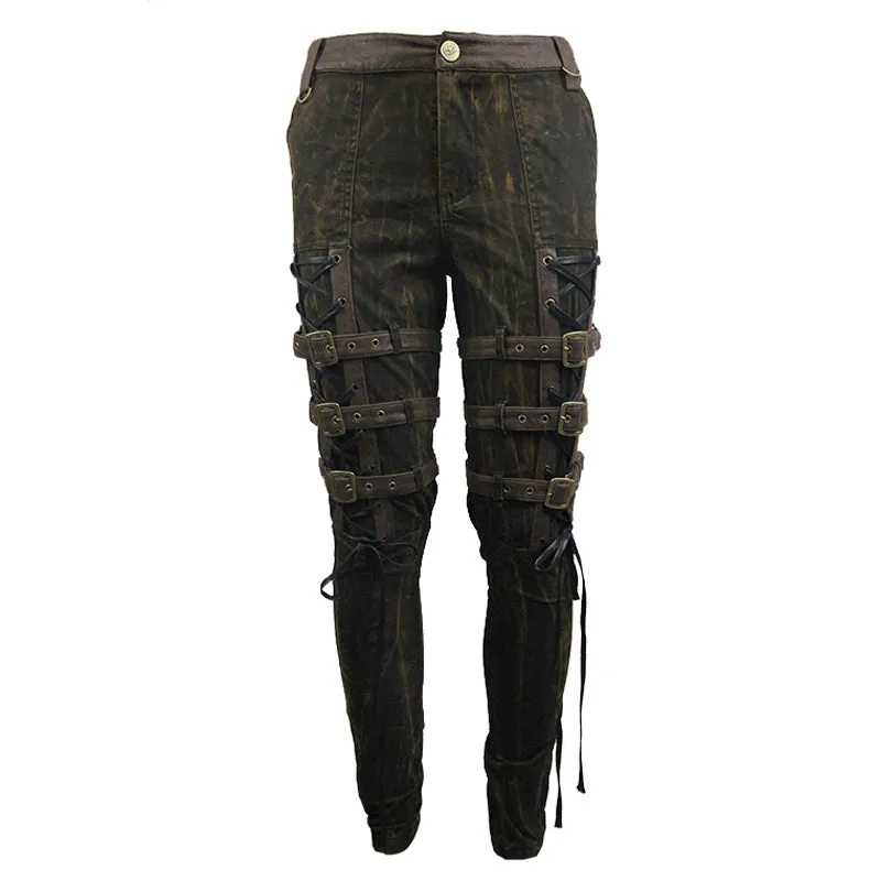 PT091 Steampunk multi-loops embroider lace up legs men trousers