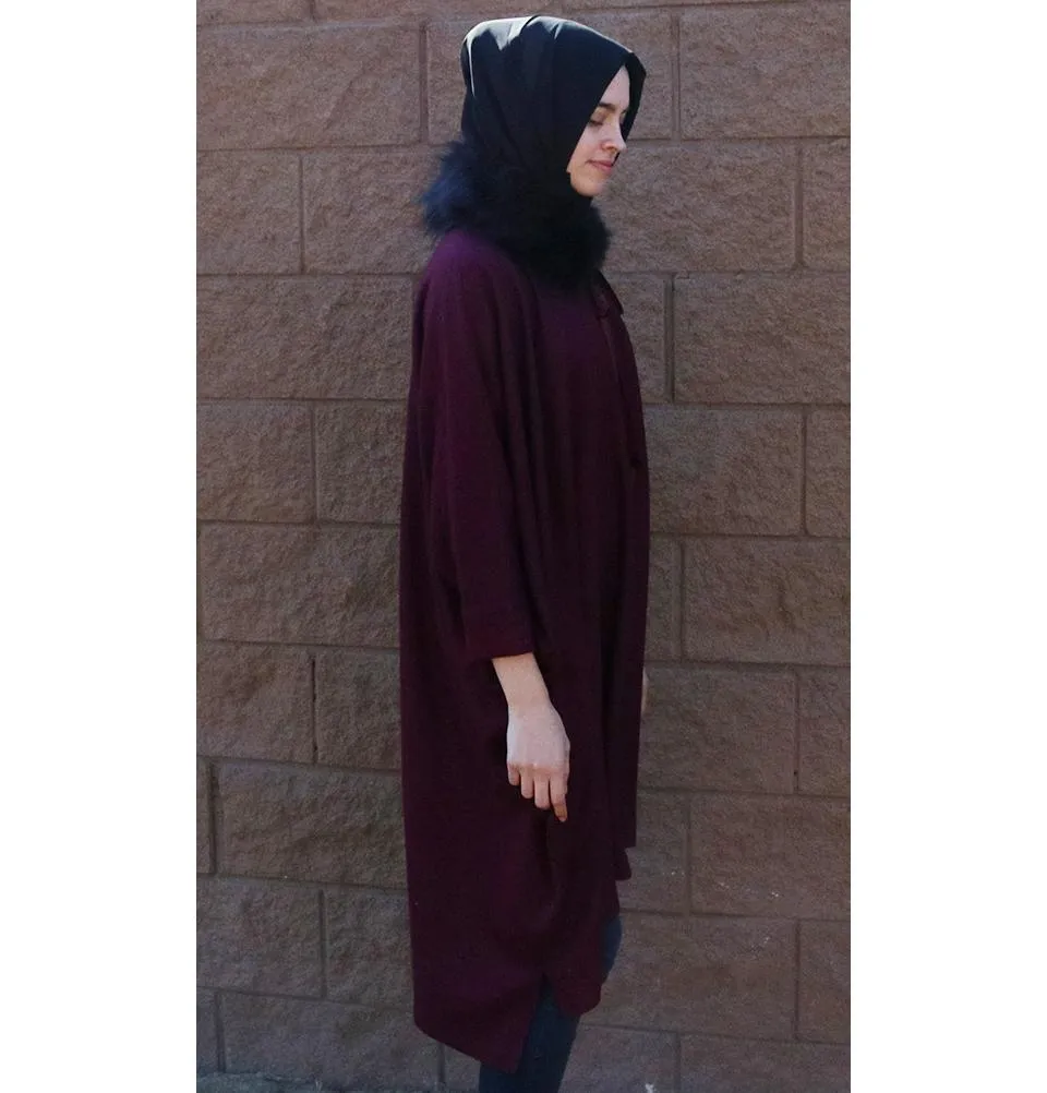 Puane Wool Touch Poncho Coat with Fur 3113 Maroon